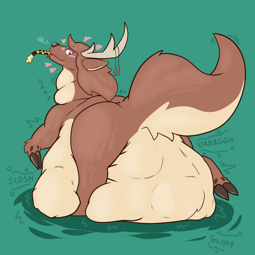 &lt;3 ambiguous_gender antlers belly big_belly black_nose brown_fur butt cervine deer featureless_crotch feral fluffy fluffy_tail fur green_background horn huff looking_at_viewer mammal oral_vore overweight simple_background smile solo_focus tiut tongue vore weight_gain