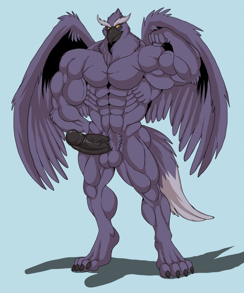 2016 abs arody avian balls beak biceps big_balls big_biceps black_beak black_claws black_penis blue_background claws colored erection feathers flexing full-length_portrait gryphon huge_balls humanoid_penis hyper hyper_muscles hyper_penis looking_at_viewer lord_kass manly muscular neopets nude pecs penis portrait pose purple_balls purple_feathers purple_pubes serratus shaded shadow simple_background smile solo standing vein veiny_penis wings yellow_eyes