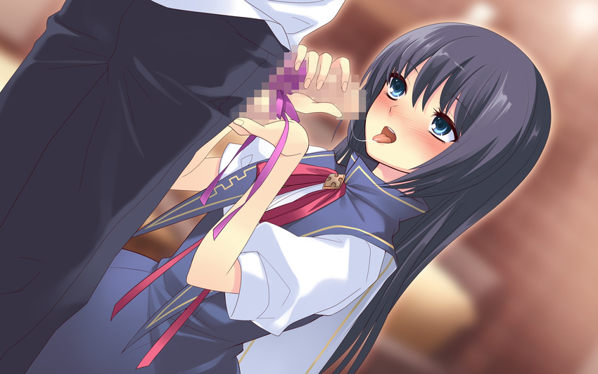 1boy 1girl black_hair blue_eyes blush caressing_testicles censored fellatio flyable_heart full-face_blush game_cg hetero kneeling long_hair mosaic_censoring oral penis ribbon saliva school_uniform shirasagi_mayuri standing tongue tongue_out unisonshift