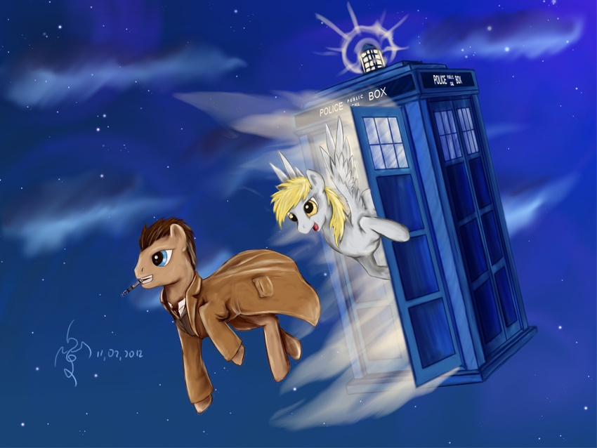 2012 blonde_hair blue_eyes clothed clothing dalagar derpy_hooves_(mlp) doctor_whooves_(mlp) duo equine feral friendship_is_magic fur hair male mammal my_little_pony open_mouth pegasus smile tardis wings yellow_fur