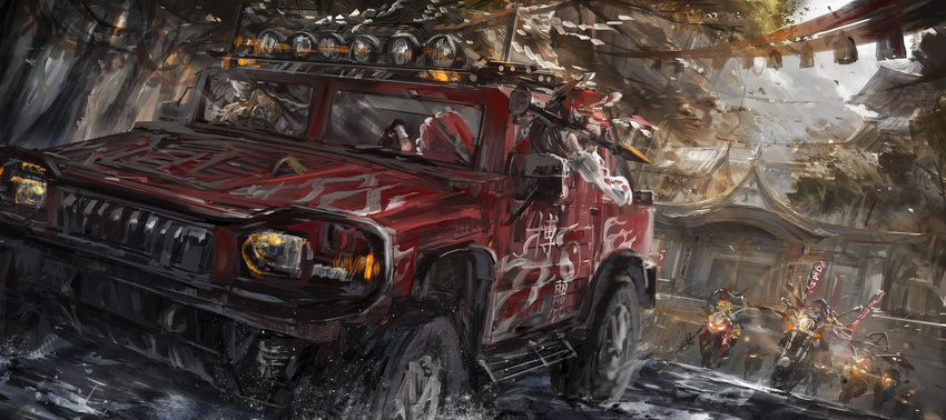 brown_hair car from_behind ground_vehicle hakurei_reimu hat hijiri_byakuren houjuu_nue hummer hummer_h1 kirisame_marisa long_hair motor_vehicle motorcycle rocket_launcher rpg rpg-7 stu_dts tatara_kogasa toramaru_shou touhou weapon