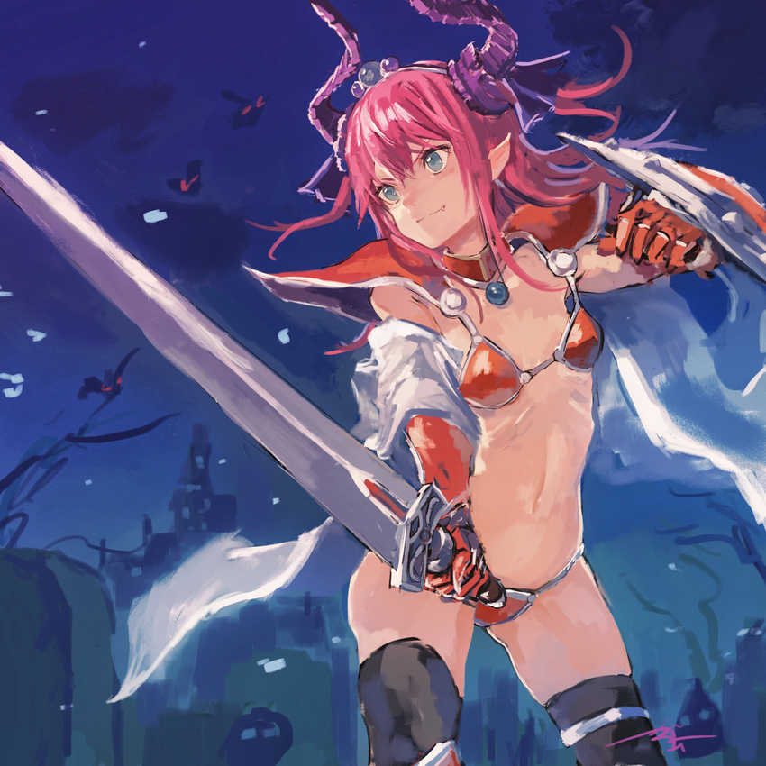 armor asymmetrical_horns bikini bikini_armor black_legwear blue_eyes blue_ribbon broadsword cape castle choker cowboy_shot curled_horns elizabeth_bathory_(brave)_(fate) elizabeth_bathory_(fate)_(all) fang fang_out fate/extra fate/extra_ccc fate/grand_order fate_(series) flat_chest gauntlets ghost hair_ribbon highres holding holding_shield holding_sword holding_weapon horns kouzuki_kei long_hair loose_bikini navel night night_sky oversized_clothes pauldrons pink_hair pointy_ears red_armor red_bikini ribbon shield shoulder_armor silver_trim sky smile solo string_bikini swimsuit sword thighhighs tiara tombstone two_side_up vambraces weapon white_cape