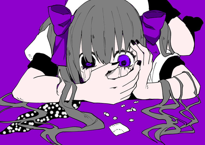 all_fours bangs black_eyes black_nails black_skirt covering_mouth crying crying_with_eyes_open drugs grey_hair hair_between_eyes hair_ribbon hand_on_own_face hata-tan heterochromia himekaidou_hatate long_hair nail_polish pill purple_background purple_eyes purple_ribbon ribbon shiori_(moechin) shirt short_sleeves simple_background skirt solo tears touhou twintails white_shirt