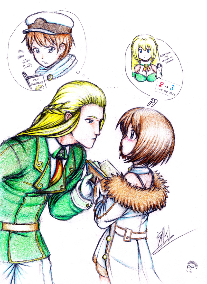 ... 1boy 1girl absurdres blanc blonde_hair blue_eyes blush book breasts brown_hair comic commentary directional_arrow english fur_trim genderswap genderswap_(ftm) hat highres isaki_tanaka jacket long_hair lord_of_the_rings mars_symbol neptune_(series) open_mouth short_hair signature sketch smile traditional_media venus_symbol vert very_long_hair