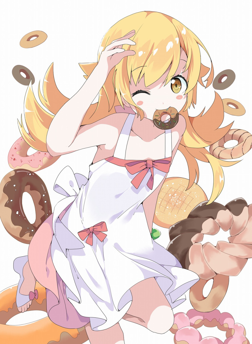 1girl ;) arm_up bakemonogatari bangs bare_arms bare_shoulders blonde_hair blush_stickers bow brown_eyes closed_mouth collarbone commentary_request doughnut dress eyebrows_visible_through_hair food food_in_mouth highres looking_at_viewer monogatari_(series) mouth_hold one_eye_closed oshino_shinobu red_bow simple_background sleeveless sleeveless_dress smile solo standing standing_on_one_leg tantan_men_(dragon) white_background white_dress