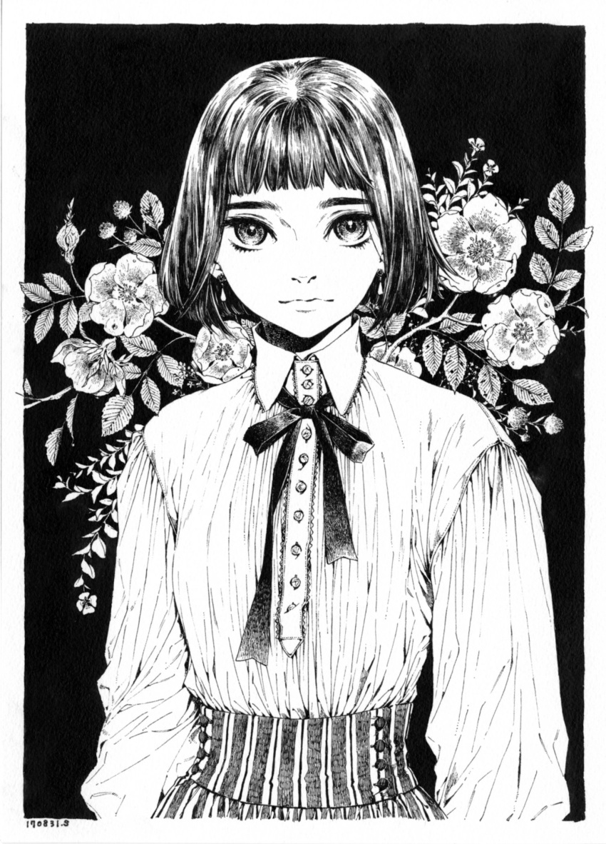1girl arms_at_sides bangs blunt_bangs bob_cut buttons closed_mouth collared_shirt dated earrings eyebrows floral_background flower gisele_alain gisele_alain_(character) greyscale highres ink_(medium) jewelry kasai_sui light_smile long_sleeves looking_at_viewer monochrome neck_ribbon ribbon rose shirt short_hair solo striped traditional_media upper_body vertical_stripes