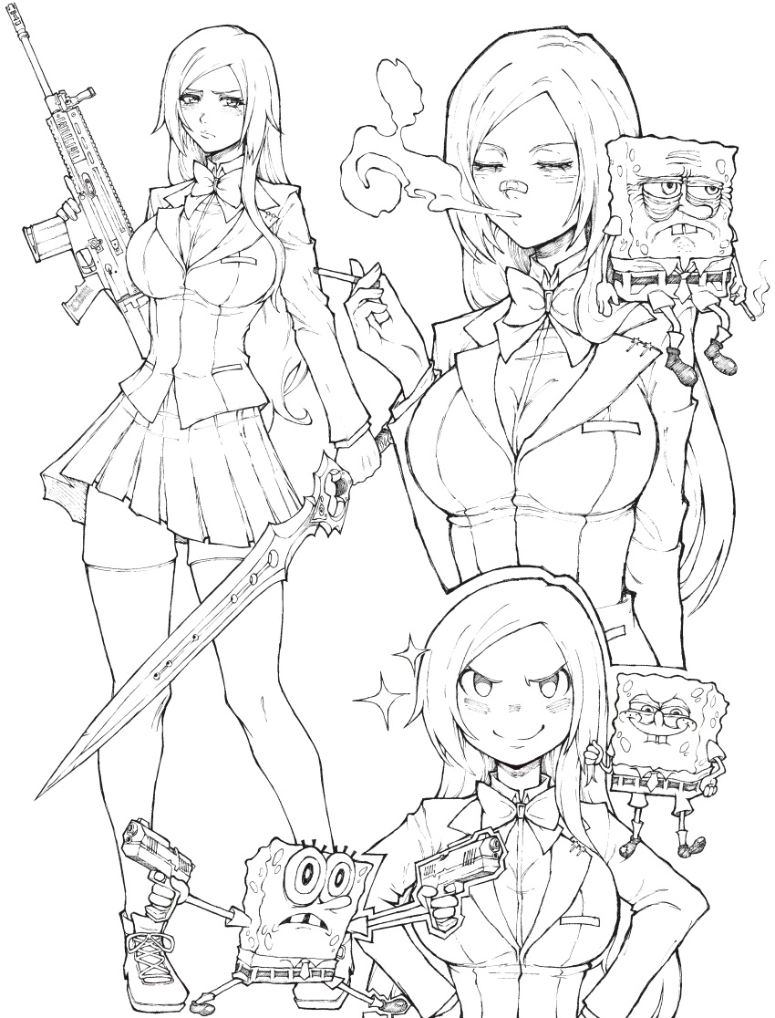 1boy 1girl absurdres asymmetrical_dual_wielding bags_under_eyes bandaid bandaid_on_face bandaid_on_nose battle_rifle bleach bow bowtie buck_teeth cigarette commentary crossover dual_wielding english_commentary finger_on_trigger fn_scar_17 fortnite frown greyscale gun handgun highres holding holding_cigarette holding_weapon inoue_orihime jacket kekel lapels long_hair long_sleeves looking_at_viewer monochrome notched_lapels parted_lips pleated_skirt rifle school_uniform shirt shoes simple_background skirt smile smoke smoking smug sneakers sparkle spongebob_squarepants spongebob_squarepants_(series) sword teeth thighhighs weapon weapon_request