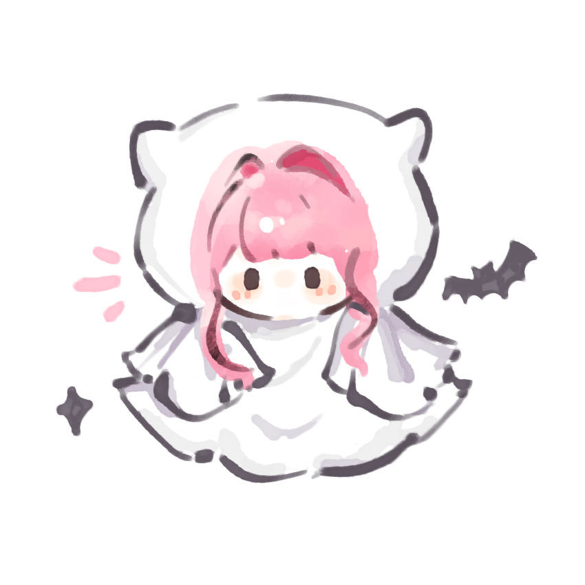 1girl animal bat_(animal) blunt_bangs brown_eyes chibi chinese_commentary commentary_request fengmi_youzi_hua ghost_costume hair_intakes highres infinity_nikki light_blush nikki_(nikki) nikki_(series) no_mouth notice_lines pink_hair short_hair_with_long_locks sidelocks simple_background solid_oval_eyes solo sparkle straight-on wavy_hair white_background