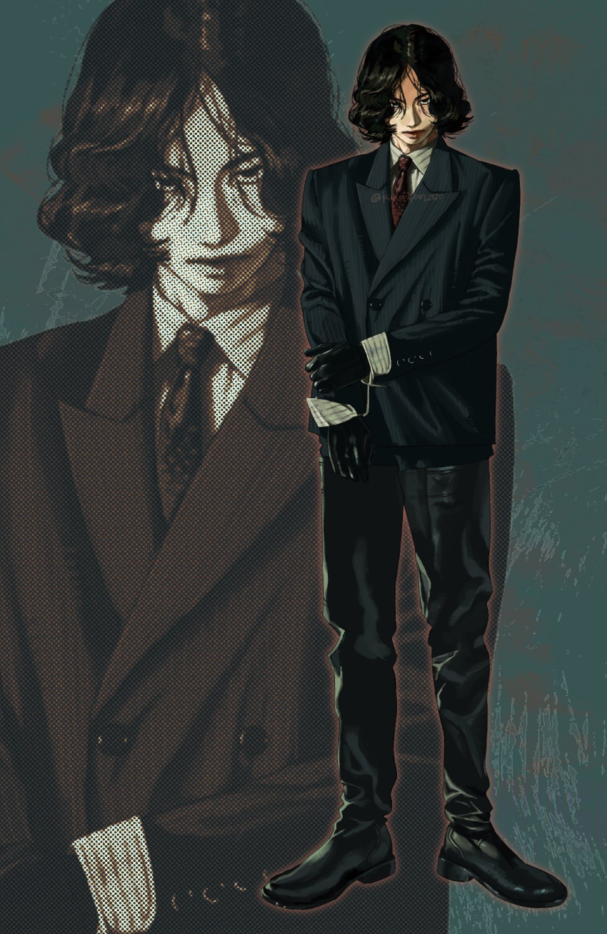 1boy ben-day_dots black_gloves black_hair black_jacket black_pants black_shoes buttons closed_mouth collared_shirt double-breasted dress_shoes empty_eyes formal_clothes full_body gloves green_background hair_over_eyes hand_on_own_wrist highres jacket kurumipan lapels looking_at_viewer male_focus necktie notched_lapels outline pants parted_hair polka_dot polka_dot_necktie print_necktie real_life red_necktie red_outline sanpaku screentones serious shirt shoes short_hair solo standing straight-on striped_clothes striped_jacket striped_shirt suit suit_jacket twitter_username vertical-striped_clothes vertical-striped_jacket wavy_hair white_shirt wing_collar yonezu_kenshi_(person) zoom_layer