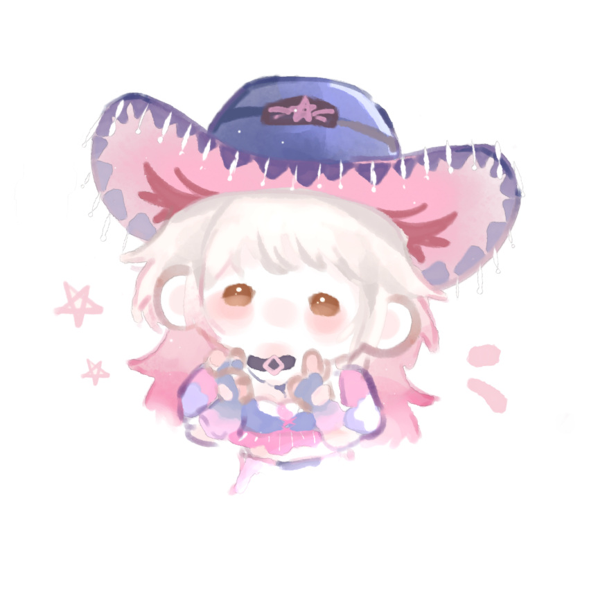1girl adventure_ride_(infinity_nikki) black_choker blue_gloves blue_hat blue_shirt brown_eyes chibi chinese_commentary choker commentary_request cowboy_hat cowgirl_(western) cropped_torso diamond_choker double_finger_gun fengmi_youzi_hua finger_gun fingerless_gloves frilled_gloves frills fringe_trim gloves gradient_hair hat highres infinity_nikki light_blush midriff multicolored_hair nikki_(series) no_mouth notice_lines official_alternate_color pants pink_hair pink_hat pink_pants pink_shirt puffy_short_sleeves puffy_sleeves shirt short_sleeves simple_background solid_oval_eyes solo star_(symbol) striped_clothes striped_shirt two-sided_fabric two-sided_headwear two-tone_hair two-tone_shirt vertical-striped_clothes vertical-striped_shirt white_background white_hair