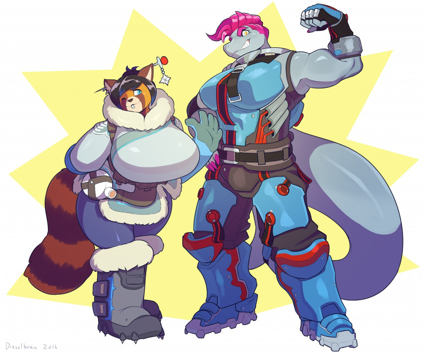 anthro blue_eyes cosplay dieselbrain ear_piercing facial_piercing fish flexing fur hair lip_piercing mammal marine mei_(overwatch) mia_(talash) one_eye_closed overwatch piercing purple_hair red_panda shark teeth video_games vishka yellow_eyes zarya_(overwatch)