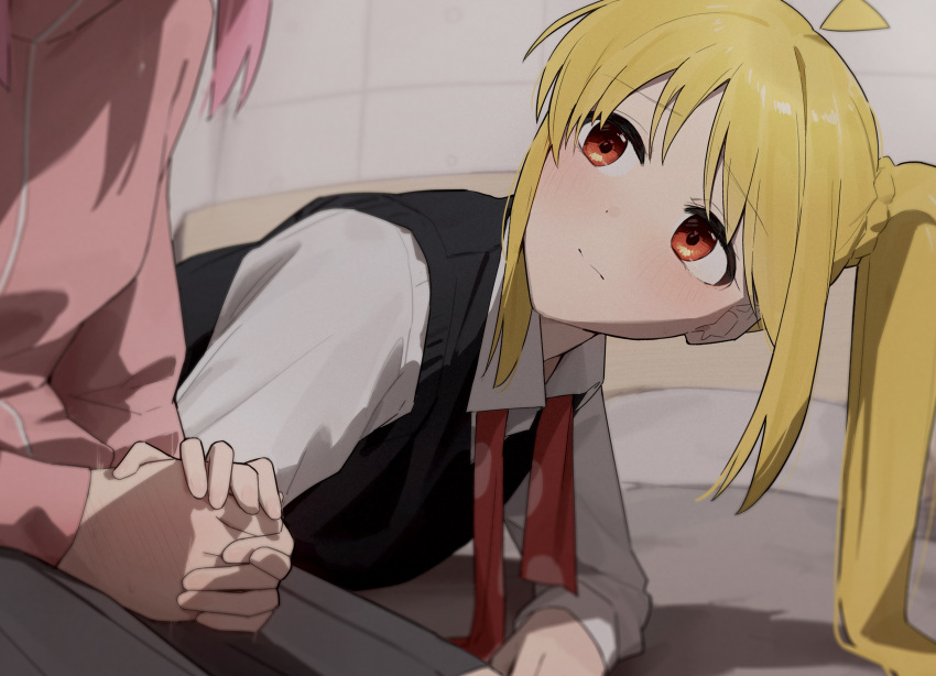 2girls absurdres ahoge black_vest blonde_hair bocchi_the_rock! closed_mouth collared_shirt commentary_request detached_ahoge gotoh_hitori grey_skirt highres ijichi_nijika jacket long_hair long_sleeves multiple_girls own_hands_clasped own_hands_together pink_hair pink_jacket pleated_skirt polka_dot polka_dot_ribbon red_eyes ribbon seisyuntarotto shirt side_ponytail sidelocks sitting skirt track_jacket untied_ribbon upper_body vest white_shirt