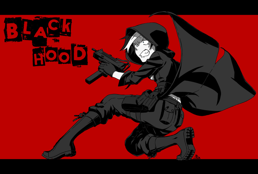 ass black_hair black_hood blue_eyes boots character_name clenched_teeth constricted_pupils fatigues gun highres holster hood hood_up imi_uzi kamezaemon multicolored_hair original pouch red_background short_hair solo submachine_gun sweat teeth thigh_holster two-tone_hair weapon white_hair