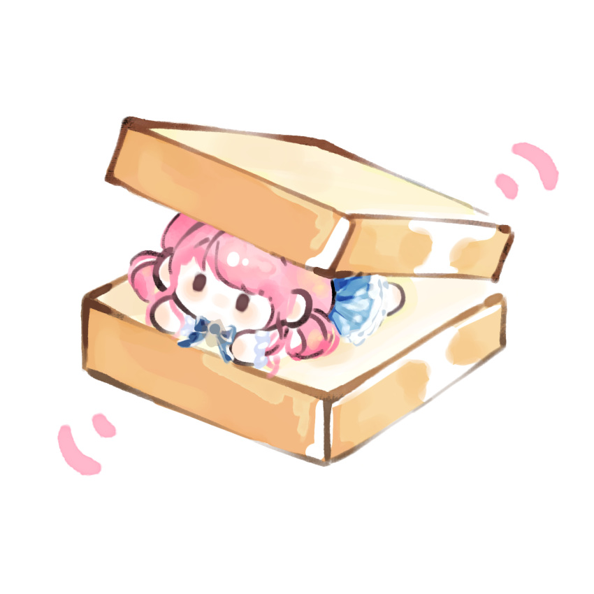 1girl barefoot blue_bow blue_bowtie blue_dress bow bowtie brooch brown_eyes bubble_print bubbly_voyage_(infinity_nikki) chibi chinese_commentary commentary_request dress fengmi_youzi_hua food frilled_dress frilled_wrist_cuffs frills hair_rings highres infinity_nikki jewelry light_blush long_dress looking_ahead lying motion_lines nikki_(nikki) nikki_(series) no_mouth on_stomach pink_hair pleated_dress print_dress sandwich short_hair_with_long_locks sidelocks simple_background solid_oval_eyes solo white_background white_wrist_cuffs wrist_cuffs