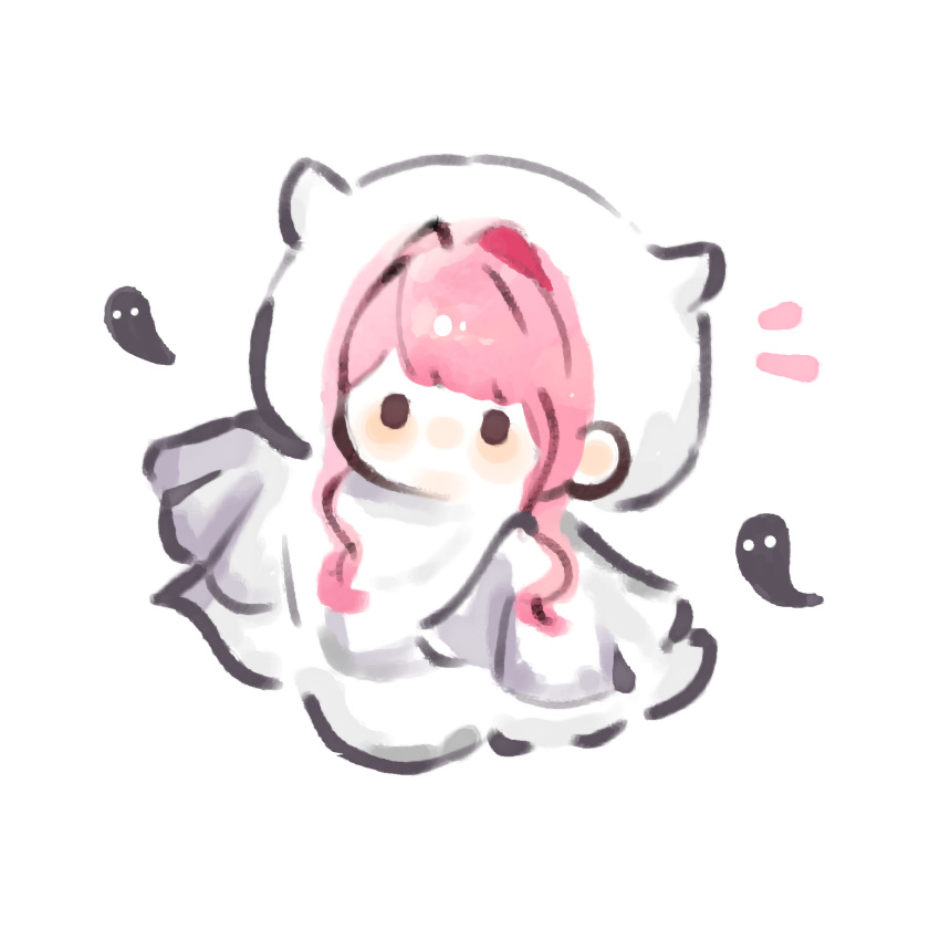 1girl blunt_bangs brown_eyes chibi fengmi_youzi_hua ghost ghost_costume hair_intakes highres infinity_nikki light_blush nikki_(nikki) nikki_(series) no_mouth notice_lines pink_hair short_hair_with_long_locks sidelocks simple_background solid_oval_eyes solo wavy_hair white_background