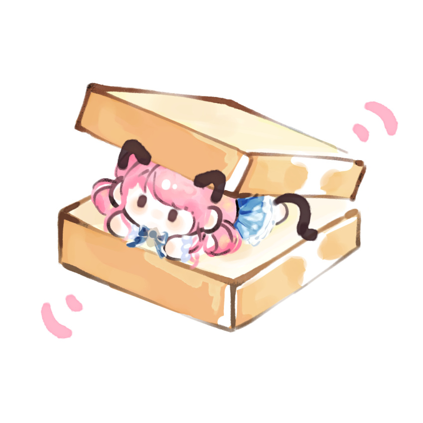 1girl animal_ears barefoot blue_bow blue_bowtie blue_dress bow bowtie brooch brown_eyes bubble_print bubbly_voyage_(infinity_nikki) cat_ears cat_girl cat_tail chibi chinese_commentary commentary_request dress fengmi_youzi_hua food frilled_dress frilled_wrist_cuffs frills hair_rings highres infinity_nikki jewelry kemonomimi_mode light_blush long_dress looking_ahead lying motion_lines nikki_(nikki) nikki_(series) no_mouth on_stomach pink_hair pleated_dress print_dress sandwich short_hair_with_long_locks sidelocks simple_background solid_oval_eyes solo tail white_background white_wrist_cuffs wrist_cuffs