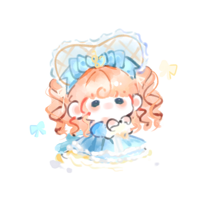 1girl argyle_bonnet arm_warmers bare_shoulders blue_bonnet blue_bow blue_dress blue_eyes blue_sleeves bonnet bow chibi chinese_commentary classic_lolita commentary_request curly_hair detached_sleeves dress fengmi_youzi_hua frilled_arm_warmers frilled_dress frilled_headwear frills hair_bow hair_ornament hair_ribbon heart-shaped_bonnet highres infinity_nikki light_blush lolita_fashion long_dress long_hair musical_note musical_note_hair_ornament nikki_(series) no_mouth orange_hair pleated_dress puffy_short_sleeves puffy_sleeves ribbon short_sleeves simple_background sleeveless sleeveless_dress solid_oval_eyes solo timeless_melody_(infinity_nikki) wavy_hair white_arm_warmers white_background white_ribbon yellow_bow