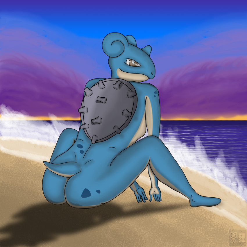 2016 3ds absurd_res anthro anthrofied beach blue_skin breasts brown_eyes butt cloud english_text female gamemaniac hi_res horn lapras looking_at_viewer looking_back marine nintendo nude outside pok&eacute;mon pok&eacute;morph sand seaside shell side_boob sitting sky small_breasts smile solo spots text video_games watermark