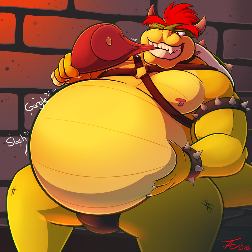 2016 anthro belly big_belly bowser brick bulge claws clothed clothing digital_drawing_(artwork) digital_media_(artwork) eating food front_view hair harness horn koopa male mammal mario_bros meat nintendo nipple_piercing nipples overweight piercing red_hair scalie solo spikes tanio teeth text underwear video_games