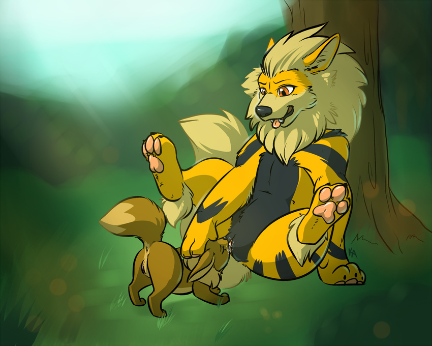 2016 arcanine butt canine digital_drawing_(artwork) digital_media_(artwork) duo eevee female female/female feral front_view fur kimbasnowpaw lesbian_sex mammal nintendo open_mouth paws pok&eacute;mon pussy pussy_juice sex smile tongue tongue_out video_games