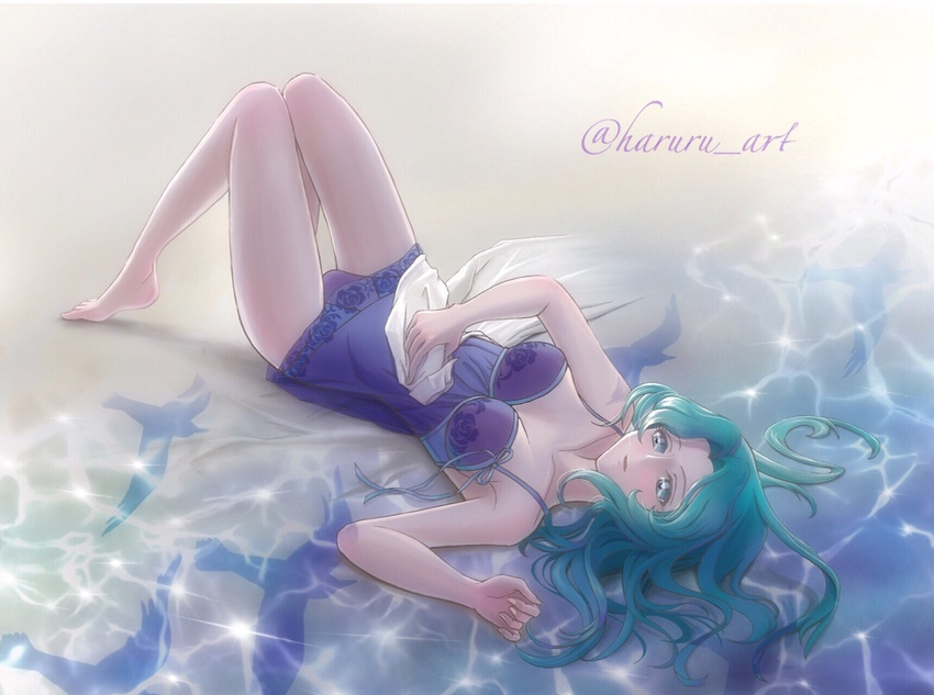 barefoot bishoujo_senshi_sailor_moon breasts collarbone green_eyes green_hair haruko-kaimori kaiou_michiru lingerie long_hair looking_at_viewer lying medium_breasts on_back panties purple_panties solo twitter_username underwear