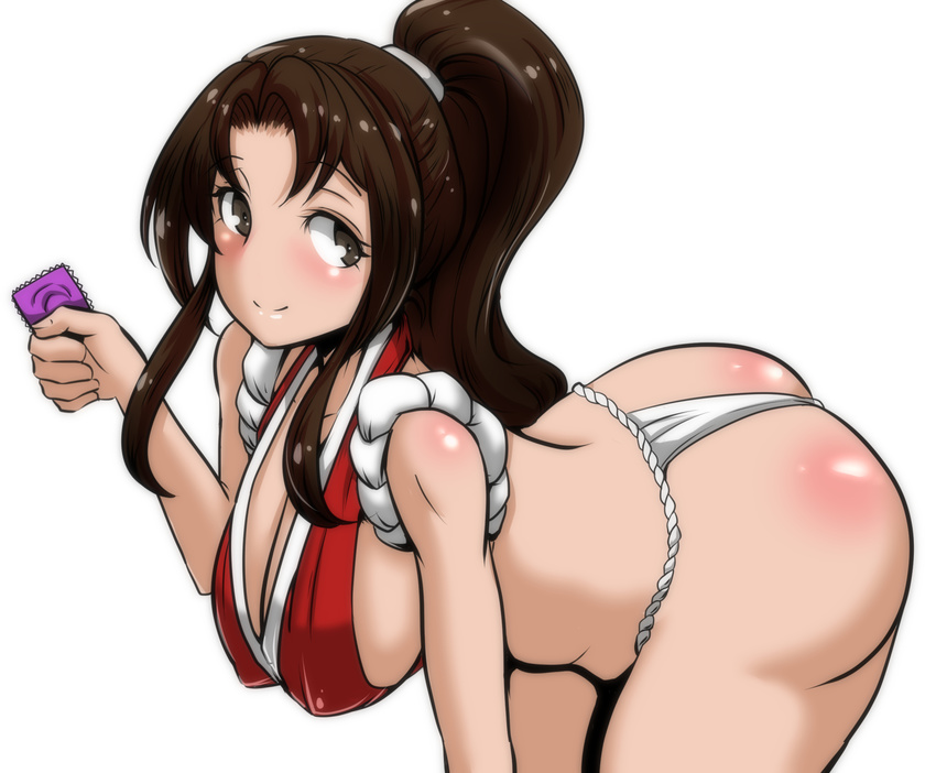 all_fours ass breasts brown_eyes brown_hair cleavage condom fatal_fury fundoshi highres japanese_clothes large_breasts long_hair looking_back ponytail shiranui_mai simple_background smile solo the_king_of_fighters thighs torii5011 white_background