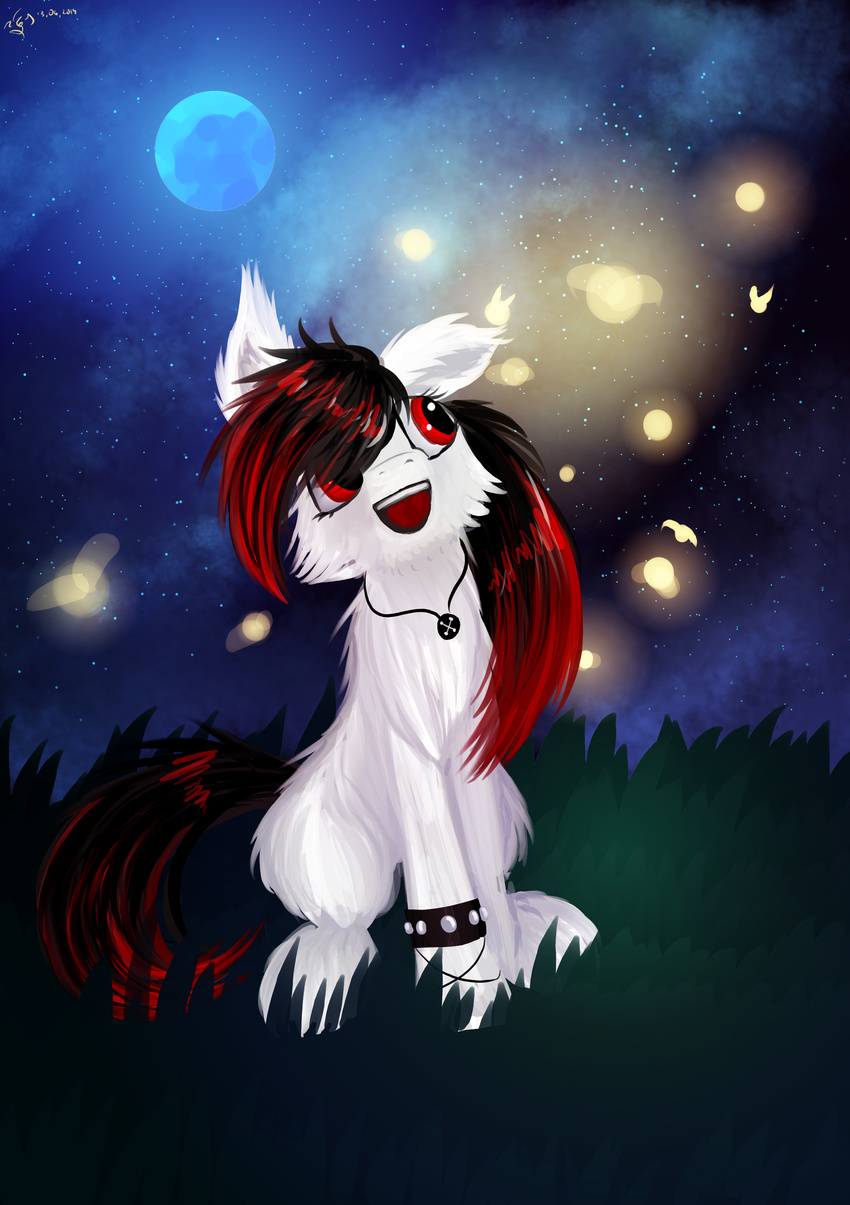 2014 black_hair dalagar equine fan_character feral fur hair hooves jewelry mammal my_little_pony necklace night open_mouth outside red_eyes red_hair sitting solo teeth white_fur