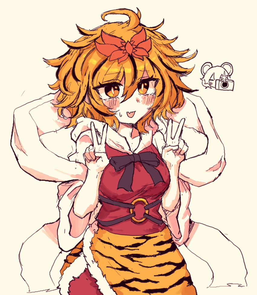 2girls animal_print black_hair blonde_hair blush bow bowtie breasts camera double_v dress fang hagoromo hair_between_eyes highres looking_at_viewer medium_breasts medium_hair monochrome multicolored_hair multiple_girls nazrin open_mouth rampa93 red_dress scarf shawl simple_background skin_fang smile solo_focus streaked_hair sweatdrop taking_picture tiger_print toramaru_shou touhou v white_scarf wide_sleeves yellow_background yellow_eyes