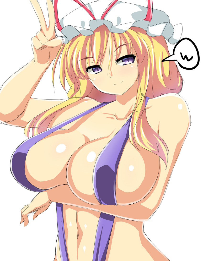 absurdres bare_arms bare_shoulders bikini blonde_hair breast_hold breasts cleavage closed_mouth collarbone commentary_request hat hat_ribbon highres large_breasts long_hair looking_at_viewer mob_cap mokkori9 navel purple_bikini purple_eyes red_ribbon ribbon sidelocks slingshot_swimsuit smile solo speech_bubble stomach swimsuit touhou upper_body v white_background yakumo_yukari