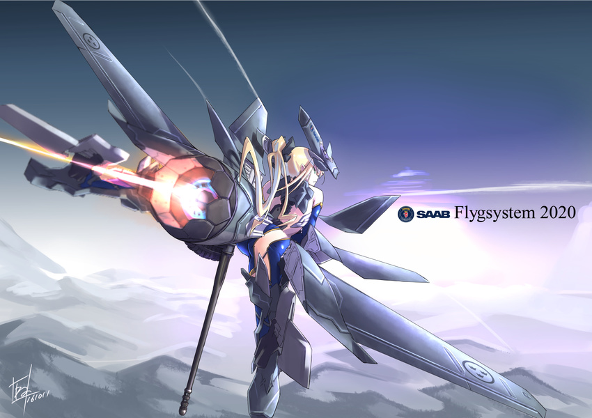 artist_name ass blonde_hair blue_eyes flygsystem_2020 flying highres jet_engine mecha_musume mountain nenchi personification profile solo svenska_flygvapnet sweden swedish