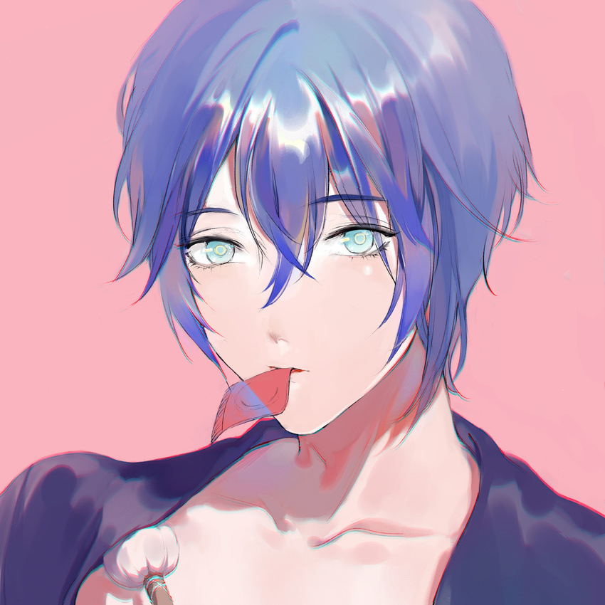 blue_eyes blue_hair close-up collarbone commentary condom condom_in_mouth highres looking_at_viewer male_focus mikazuki_munechika mouth_hold pale_skin pink_background ringed_eyes simple_background solo touken_ranbu uchiko yangzhi_shi