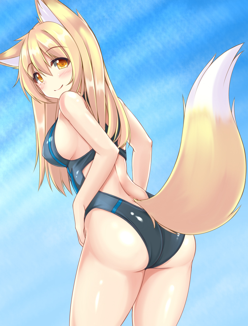 animal_ear_fluff animal_ears ass back bare_arms bare_shoulders black_swimsuit blonde_hair blue_sky breasts closed_mouth competition_swimsuit covered_nipples cowboy_shot day eyebrows eyebrows_visible_through_hair fox_ears fox_tail from_behind hair_between_eyes highres long_hair looking_back medium_breasts one-piece_swimsuit orange_eyes original shiny shiny_skin sideboob sky smile sogaya solo swimsuit tail unaligned_ears very_long_hair