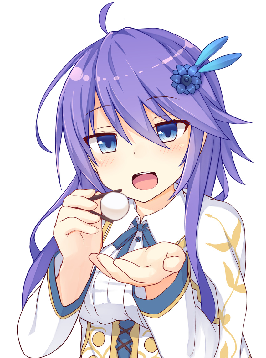 :d ahoge anemone_(flower_knight_girl) bad_id bad_pixiv_id blue_bow blue_eyes bow chopsticks feeding flower_knight_girl food hair_ornament hairclip highres long_hair open_mouth pov_feeding purple_hair shinopoko shirt smile solo upper_body white_background white_shirt