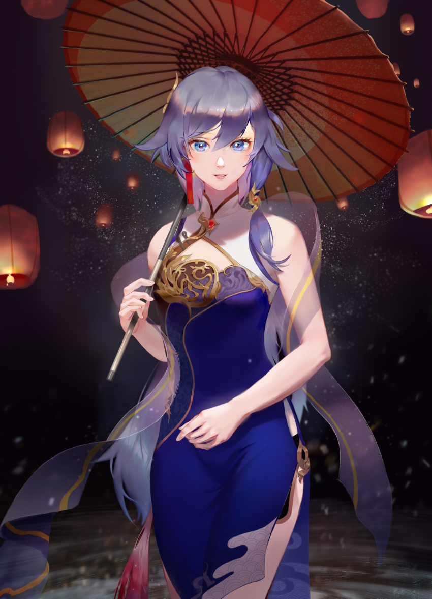 1girl absurdres bare_shoulders blue_dress blue_eyes china_dress chinese_clothes commentary_request cowboy_shot daylightallure dress eyebrows_visible_through_hair fu_hua hair_between_eyes hair_ornament hair_ribbon highres holding holding_umbrella honkai_(series) honkai_impact_3 lantern long_hair looking_at_viewer night night_sky oriental_umbrella outdoors paper_lantern parted_lips ribbon sky sky_lantern smile solo umbrella