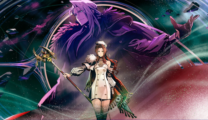 aerith_gainsborough arm_at_side behind_another beret breasts brown_hair cape cowboy_shot detached_sleeves dress english_commentary final_fantasy final_fantasy_vii final_fantasy_vii:_ever_crisis flower green_eyes grey_hair hair_flower hair_ornament halterneck hat highres kay-i long_hair long_sleeves looking_at_viewer mage_staff narrow_waist official_art puffy_long_sleeves puffy_sleeves sephiroth short_dress single_bare_shoulder size_difference skinny slim_legs small_breasts staff thighhighs