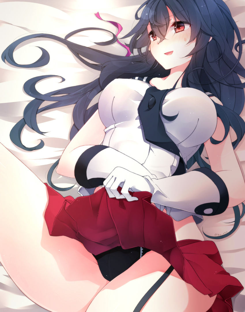 alternate_hairstyle asymmetrical_legwear between_breasts black_hair black_legwear black_panties breasts commentary_request eyebrows eyebrows_visible_through_hair fuuen_(akagaminanoka) gloves hair_between_eyes highres kantai_collection large_breasts lifted_by_self long_hair lying necktie necktie_between_breasts on_back on_bed open_mouth panties pantyshot pantyshot_(lying) red_eyes red_skirt skirt skirt_lift solo underwear white_gloves yahagi_(kantai_collection)
