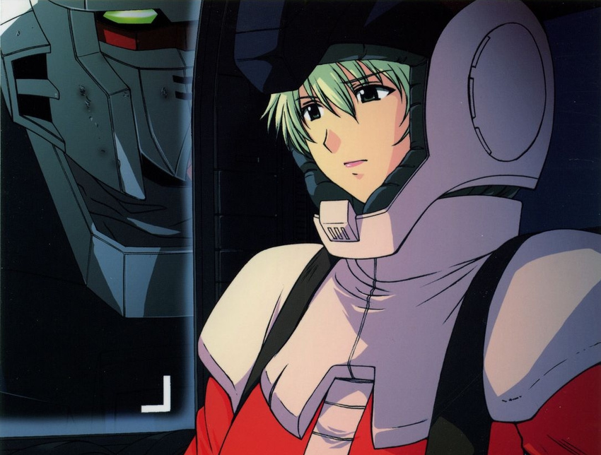 1girl aina_saharin cockpit green_hair ground_gundam gundam gundam_08th_ms_team helmet lips mecha