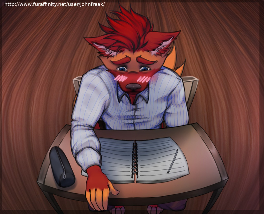 2016 5_fingers anthro blue_eyes blush canine clothed clothing digital_media_(artwork) fox hair high-angle_view inside johnfreak male mammal pencil_(object) rebel_nightwolfe red_hair remyl sitting solo table url