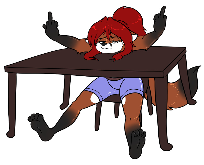 angry canine clothing colored female fox fur hair looking_at_viewer mammal middle_finger ponytail red_fur red_hair shorts sitting skidd table vixen_defea