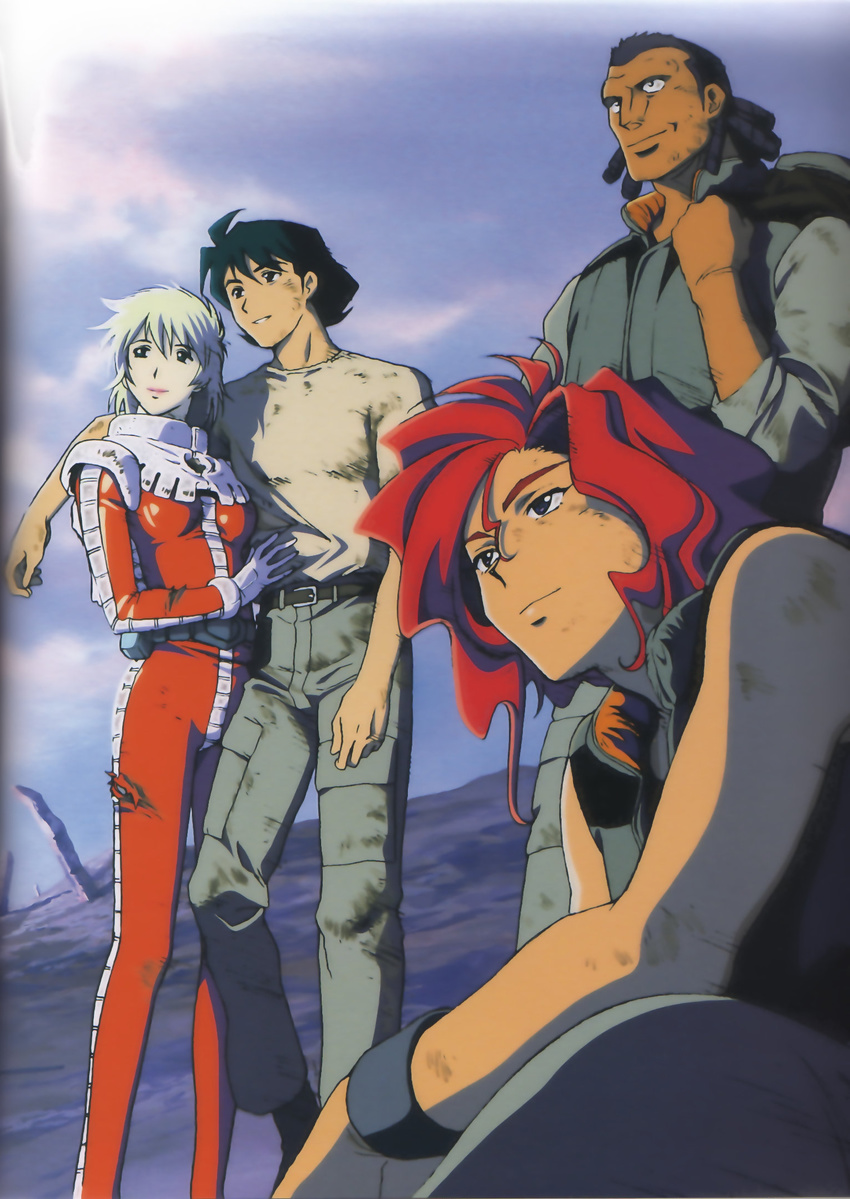 2boys 2girls aina_saharin black_hair breasts cloud dark_skin green_hair gundam gundam_08th_ms_team hug karen_joshua kawamoto_toshihiro red_hair shiro_amada short_hair sky smile teeth terry_sanders_jr. torn_clothes