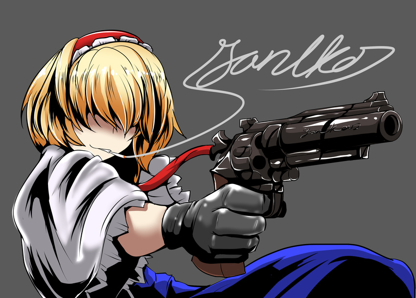 alice_margatroid black_gloves blonde_hair blue_dress cigarette cookie_(touhou) cursive dress from_side gloves grey_background grin gun hair_over_eyes hairband handgun highres holding holding_gun holding_weapon mouth_hold revolver shiny shiny_clothes shiny_hair signature simple_background smile smoke smoking solo torii5011 touhou upper_body weapon