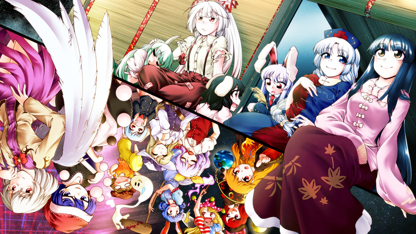 6+girls :/ :d =d absurdres ambiguous_red_liquid animal_ears blazer blush bow bunny_ears clownpiece crescent doremy_sweet dress earth_(ornament) everyone ex-keine floppy_ears fujiwara_no_mokou hair_bow hat hecatia_lapislazuli highres horn_bow horns houraisan_kaguya inaba_tewi jacket jester_cap junko_(touhou) kamishirasawa_keine kishin_sagume long_hair long_sleeves mallet mob_cap moon_(ornament) multiple_girls necktie nightcap nurse_cap open_mouth polos_crown pom_pom_(clothes) puffy_short_sleeves puffy_sleeves red_bow red_cross red_neckwear reisen reisen_udongein_inaba ringo_(touhou) seiran_(touhou) short_hair short_sleeves single_wing smile suspenders tabard touhou upside-down very_long_hair watatsuki_no_toyohime watatsuki_no_yorihime white_wings wide_sleeves wings yagokoro_eirin