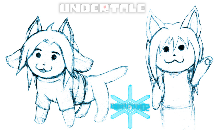 2016 ambiguous_gender bottomless canine cat clothed clothing cora_valion dog feline frostwyrm102 hair hybrid mammal shirt silly sketch tem temmie_(undertale) traditional_media_(artwork) undertale video_games