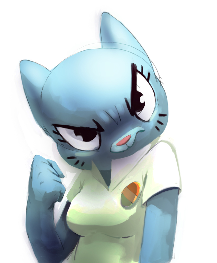 angry anthro blue_fur brow_furrowed cartoon_network cat clothed clothing dress_shirt feline female fist_up fur mammal mature_female mother nicole_watterson parent pink_nose shirt solo the_amazing_world_of_gumball toqakrachy underwear whiskers