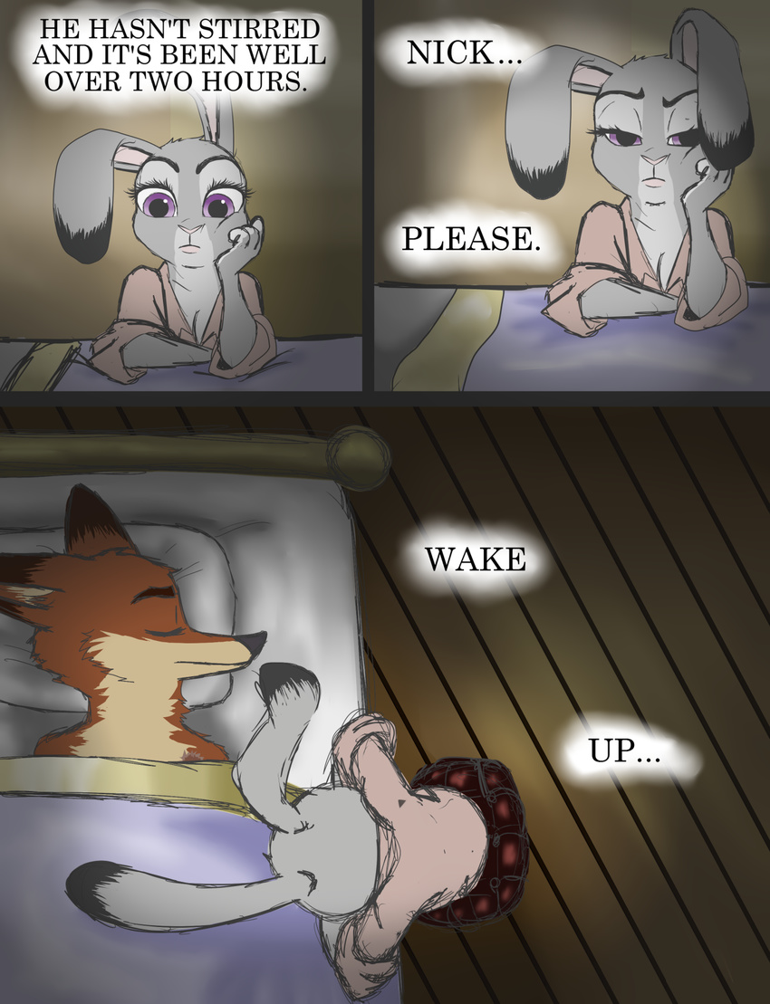 bed bed_sheet bedding black_fur black_nose canine clothing comic disney duo english_text female fox fur grey_fur half_naked inner_ear_fluff judy_hopps lagomorph lidded_eyes long_ears male male/female mammal nick_wilde on_bed open_mouth orange_fur pillow pink_nose progressoftomorrow purple_eyes rabbit size_difference sleeping tall text tired white_fur wooden_floor yellow_fur zootopia