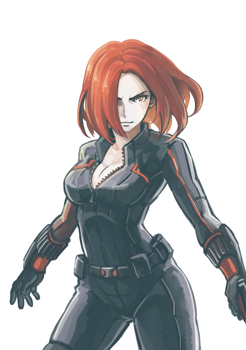 absurdres black_widow bodysuit breasts cleavage gauntlets hair_over_one_eye highres marvel medium_breasts natasha_romanoff orange_eyes orange_hair shiori_lee_jeng smile solo zipper