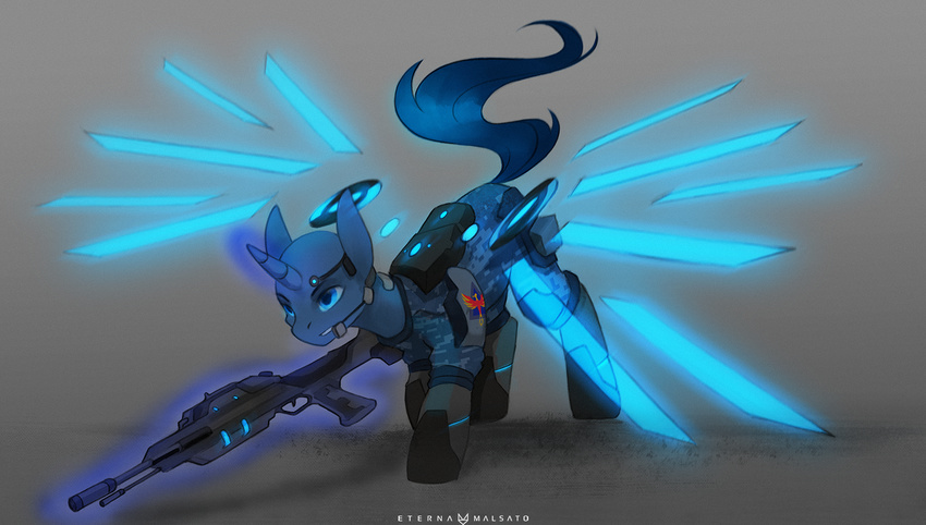 blue_eyes clothed clothing equine fan_character feral flint gun horn mammal my_little_pony ranged_weapon simple_background solo unicorn weapon zero-sum