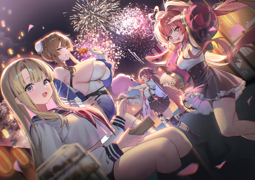 +_+ 4girls absurdres aerial_fireworks black_skirt breasts brown_hair bubble_tea chaos_zero_nightmare chinese_hairstyle commentary cup disposable_cup dress fireworks food haru_(chaos_zero_nightmare) highres holding holding_cup holding_food huge_breasts large_breasts long_hair mei_lin_(chaos_zero_nightmare) multiple_girls neckerchief night pink_eyes pink_hair purple_eyes red_neckerchief rei_(chaos_zero_nightmare) school_uniform seoki_(hi3031) serafuku shirt short_hair sideboob skirt twintails two-tone_dress very_long_hair white_serafuku white_shirt yellow_eyes yuki_(chaos_zero_nightmare)