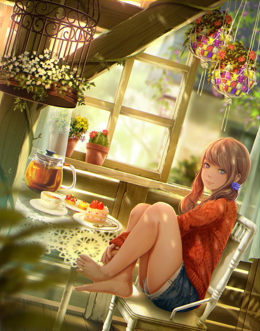 bangs bare_legs barefoot birdcage blurry brown_hair cactus cage cake casual chair crossed_ankles cup curtains dappled_sunlight denim denim_shorts depth_of_field dutch_angle feet feet_on_chair flower_pot food fork from_side fruit grey_eyes hands_together highres indoors knees_up lips long_hair long_sleeves looking_at_viewer orange_sweater original pitcher plant plate potted_plant purple_eyes scrunchie sho_(shoichi-kokubun) shorts sitting sleeves_past_wrists slice_of_cake smile solo strawberry strawberry_shortcake sunlight sweater table tablecloth tea teacup toes twintails vines window wooden_floor