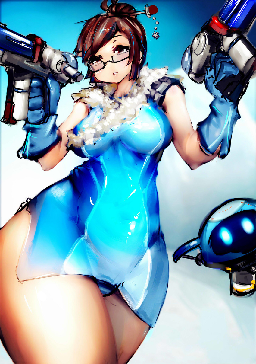 1girl absurdres bare_shoulders blue_gloves blue_panties breasts brown_eyes brown_hair china_dress chinese_clothes dress female from_below glasses gloves gun hair_bun hair_ornament lapaco large_breasts mei_(overwatch) miniskirt overwatch panties pantyshot skirt solo standing striped_panties thighs upskirt weapon wide_hips